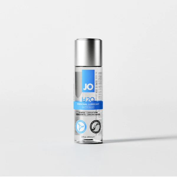 Front view of the 2 fl. oz. (60ml) bottle of System JO H2O Water-Based Personal Lubricant. The clear bottle is fitted with a solid silver cap and features a signature blue and white label.