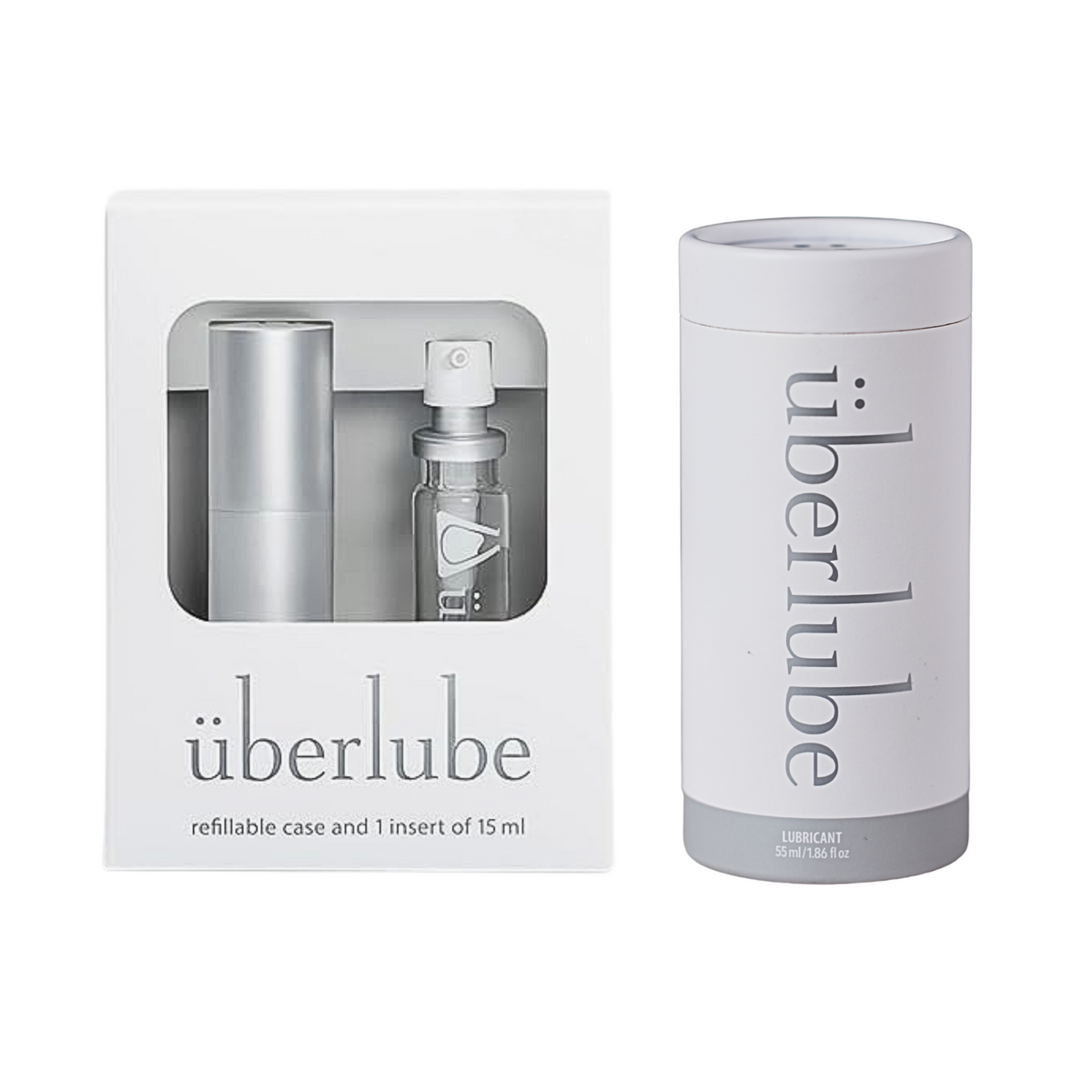 To the left, a white box showcases the Überlube refillable case and a 15ml insert, while to the right, a white cylindrical tube of 55ml Überlube lubricant stands upright. These elegant packaging options demonstrate WorldCondoms' commitment to offering discreet and high-quality personal care products. Main image