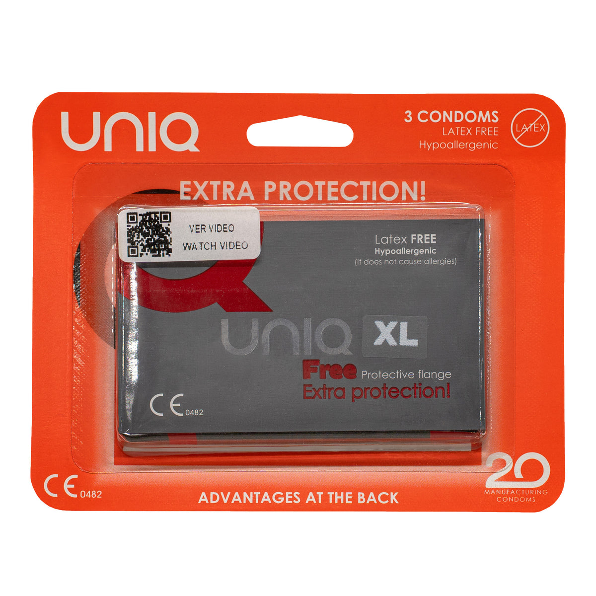 A product shot of a three-pack of UNIQ Free XL condoms. The packaging is a red-orange blister pack holding a gray foil packet. The packet says "Latex FREE Hypoallergenic," "Free Protective flange," and "Extra protection!" Main image