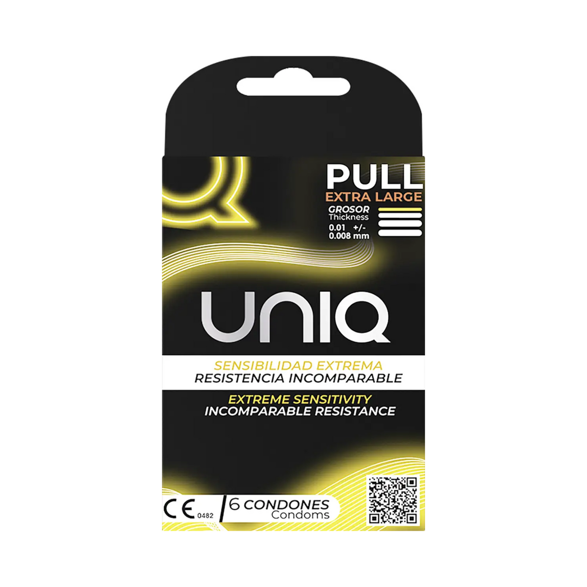 An image of a black box of Uniq Pull Extra Large condoms. The box has a golden, wavy, abstract design on the front. The top of the box is labeled "PULL Extra Large". The box includes 6 condoms.  Main image