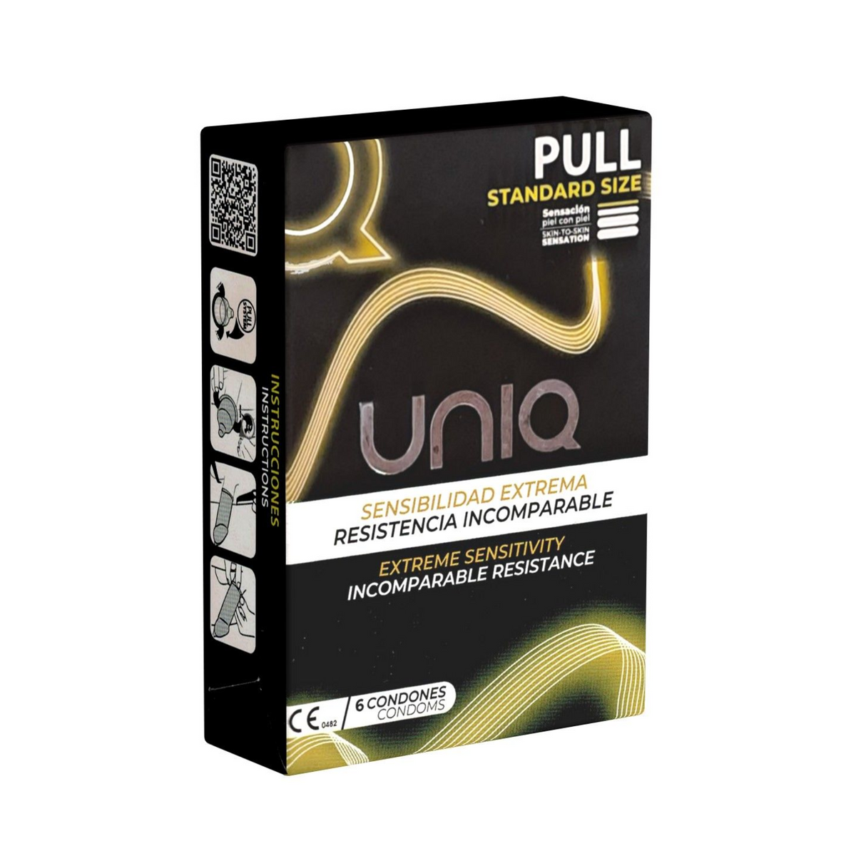 An image of a black box of Uniq Pull condoms. The box has a golden, wavy, abstract design on the front. The top of the box is labeled "PULL STANDARD SIZE". The box includes 6 condoms.  Main image