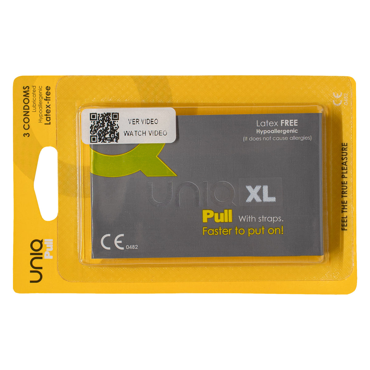 A product shot of a three-pack of UNIQ Pull XL condoms. The packaging is a yellow. The packet says "Latex FREE Hypoallergenic" and "Pull With straps. Faster to put on!". Main image