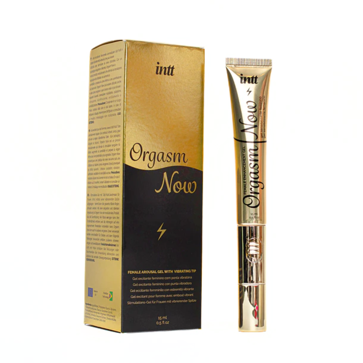Intt Orgasm Now female arousal gel in a 0.5 fl oz (15 ml) gold tube with a vibrating tip, standing vertically next to its black and gold retail packaging box on a plain white background. Main image