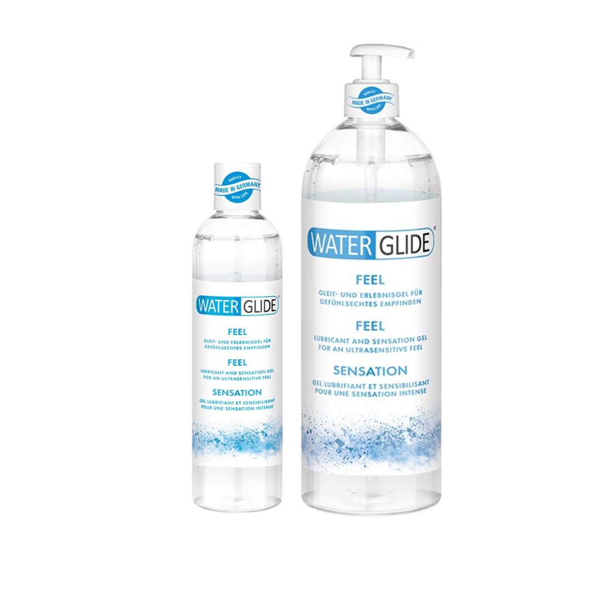 An image of two bottles of Water Glide Feel gel. The bottle on the left is smaller and 300ml, and the bottle on the right is larger with a pump dispenser and is 1000ml. Both bottles are clear, filled with a transparent gel, and have similar blue and white labels. The background is solid white. Main image
