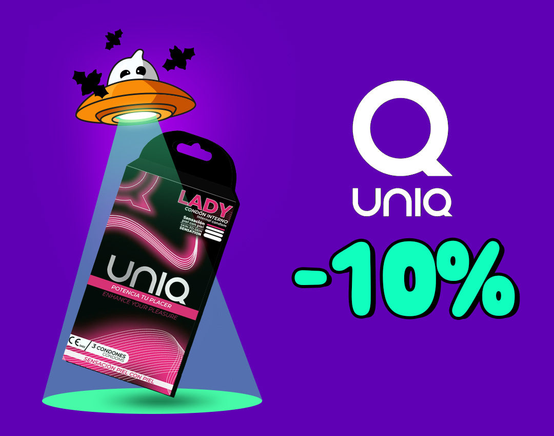 Halloween promotional banner set against a purple background, showing a ghost in a UFO beaming down a box of UNIQ Lady Internal Condoms, alongside the white "Q UNIQ" brand logo and a cyan "-10%" discount graphic