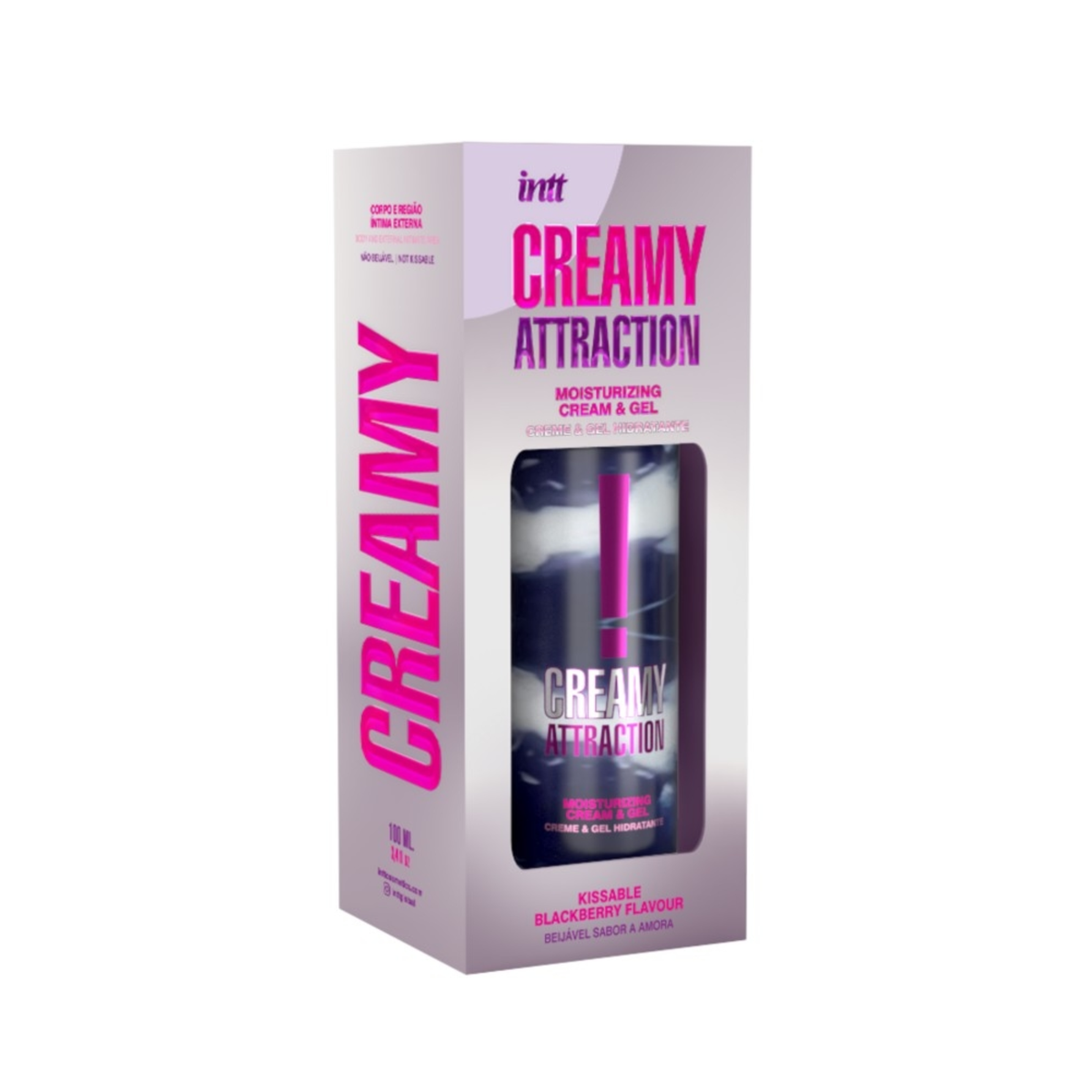 intt Creamy Attraction Cream Blackberry with a view of the bottle inside the box. Main image