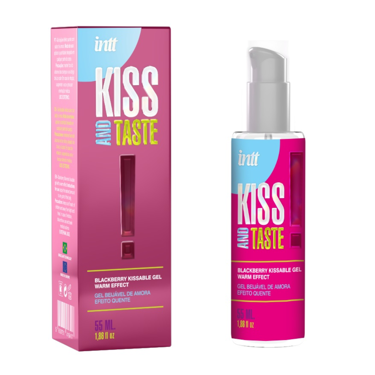intt Kiss and Taste Blackberry Gel Warming box and product bottle, showing the "Kiss and Taste" logo. Main image