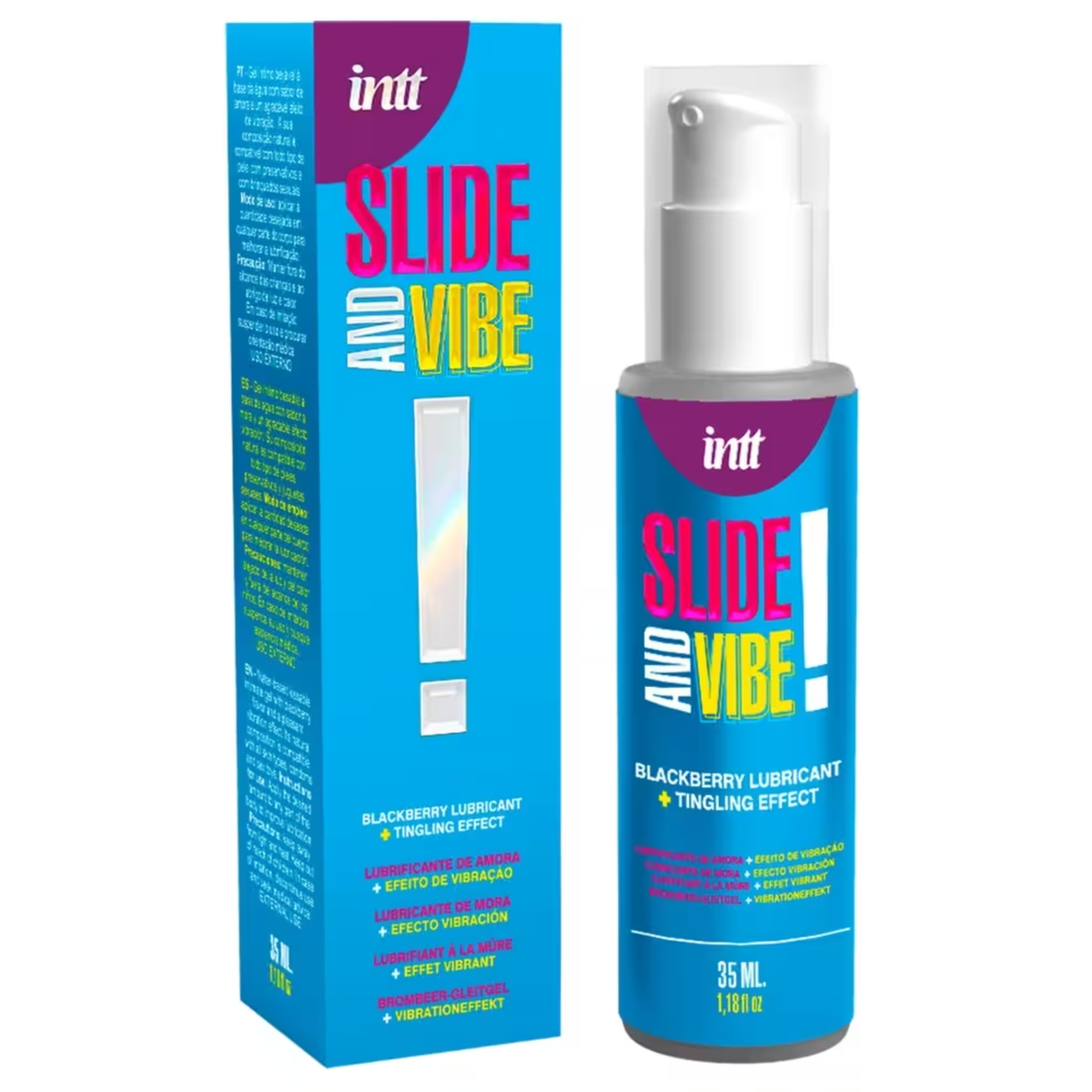 Image showing both the blue Intt Slide and Vibe Blackberry Tingling product box and the matching pump bottle (35 ML / 1.18 fl.oz). Main image