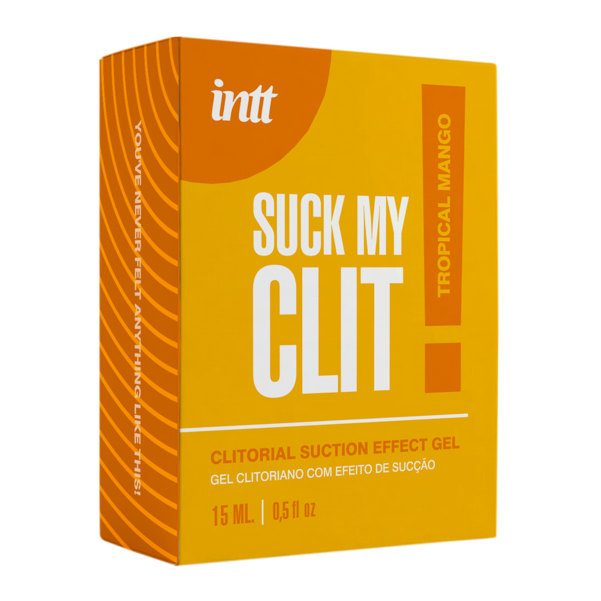A close-up shot of an orange and yellow product box for "Intt Suck My Clit" clitorial suction effect gel. The box features bold white lettering and indicates a "Tropical Mango" flavor and a volume of 15 ml. Main image