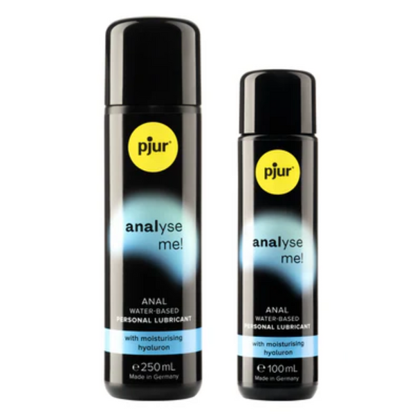 A black bottles of pjur analyse me! anal water-based personal lubricants with a yellow logo and teal accents on a white background.