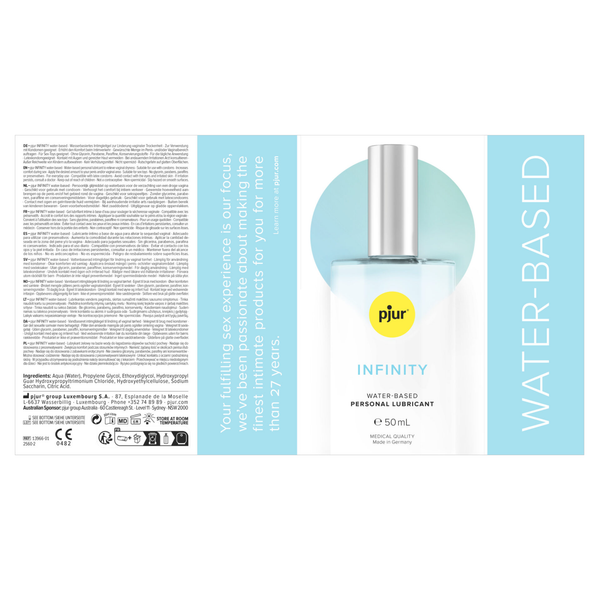 A product shot of pjur Infinity Water-Based Personal Lubricant, 50ml. The image is split, showing the transparent bottle with a silver cap on the right, and on the left, an informational block in multiple languages.