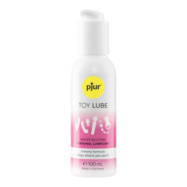 Front studio view of the 100 ml (3.38 fl oz) white pump bottle of Pjur Toy Lube water-silicone personal lubricant with pink branding.