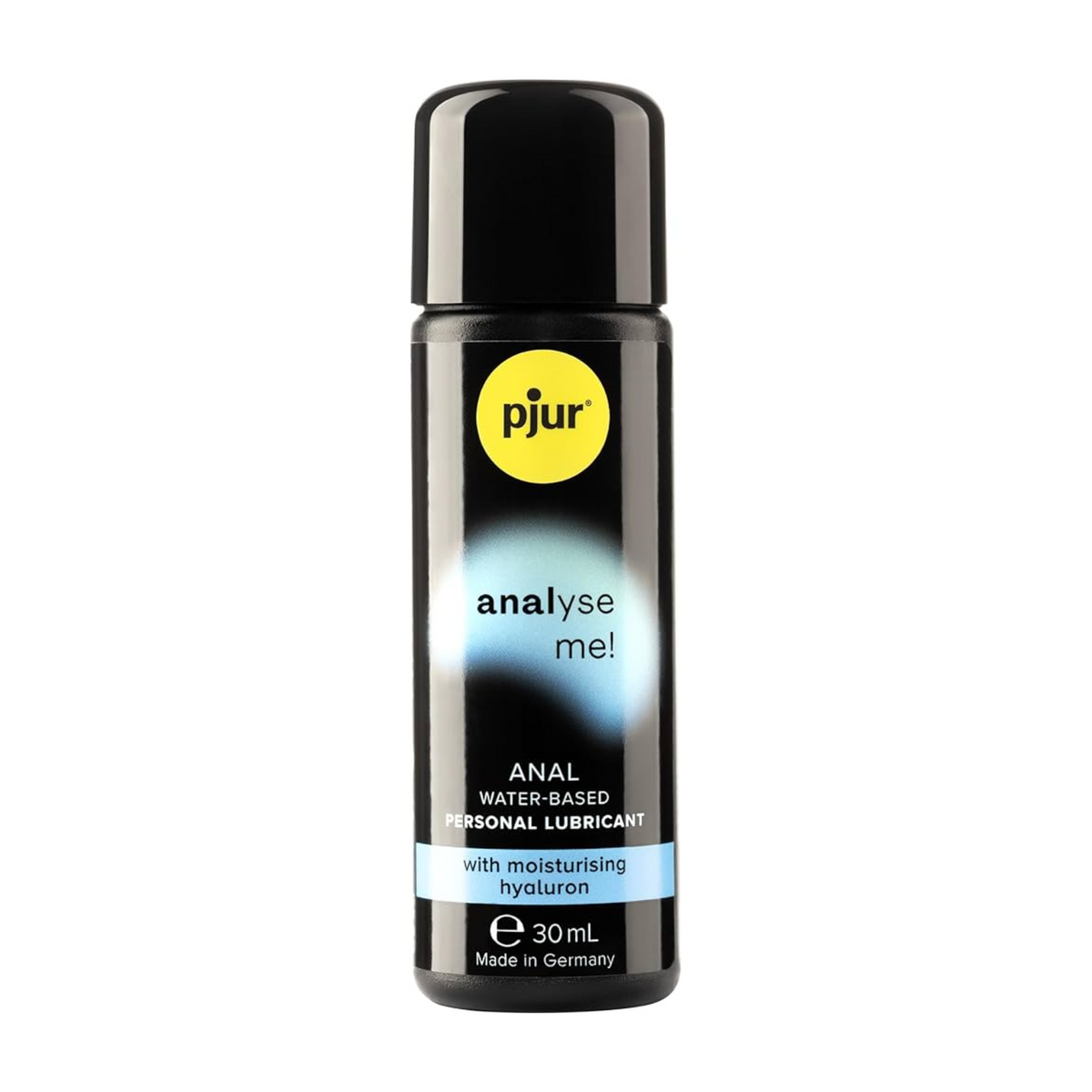 A black bottle of pjur analyse me! anal water-based personal lubricant 30ml with a yellow logo and teal accents on a white background. Main image