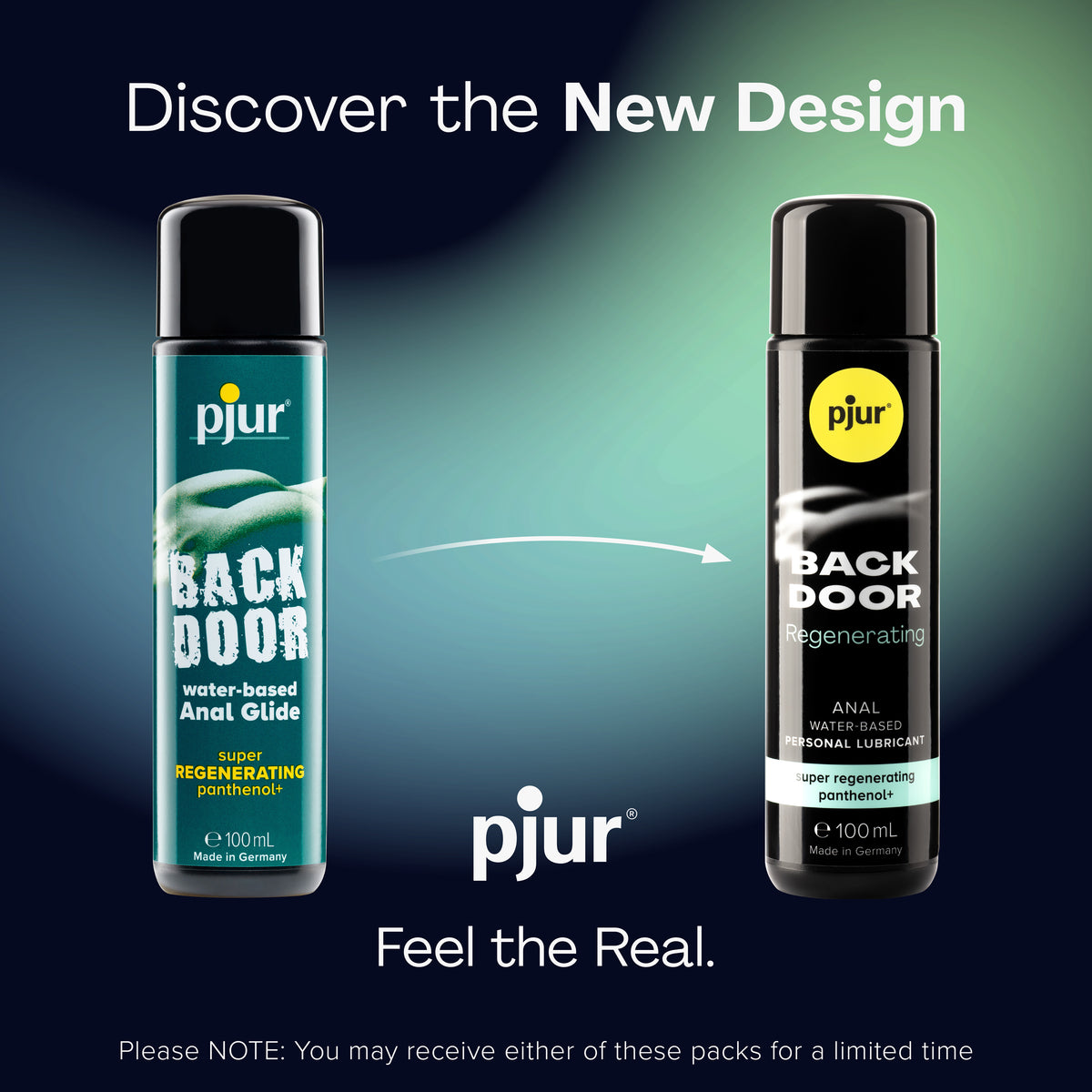 An advertisement titled "Discover the New Design" displays the older and newer packaging for Pjur Back Door Regenerating lubricant.