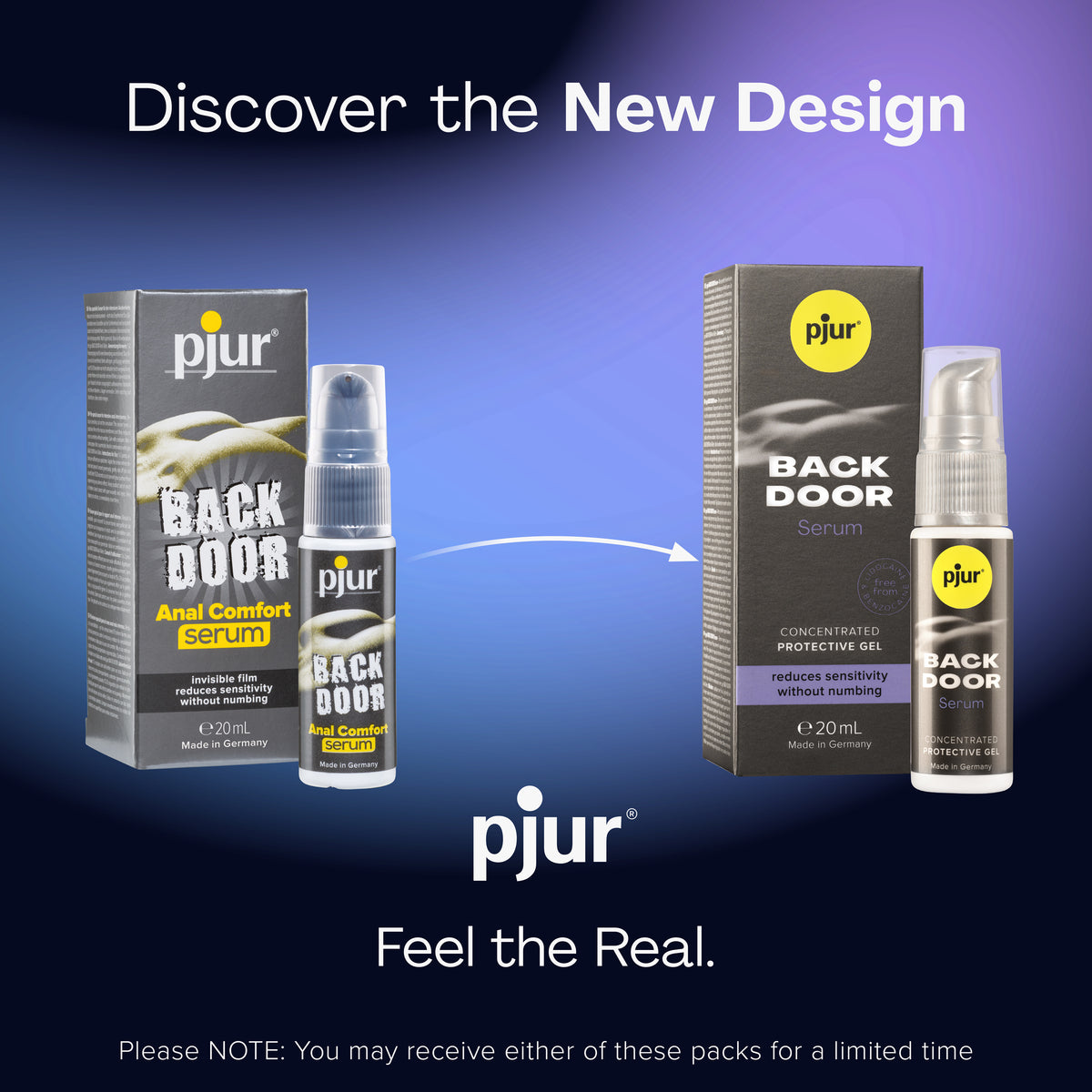 An ad displays old and new packaging for Pjur Back Door Serum.