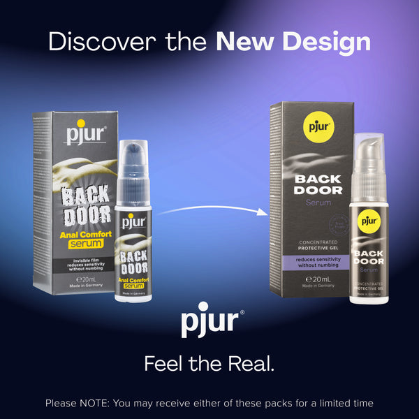 An ad displays old and new packaging for Pjur Back Door Serum.