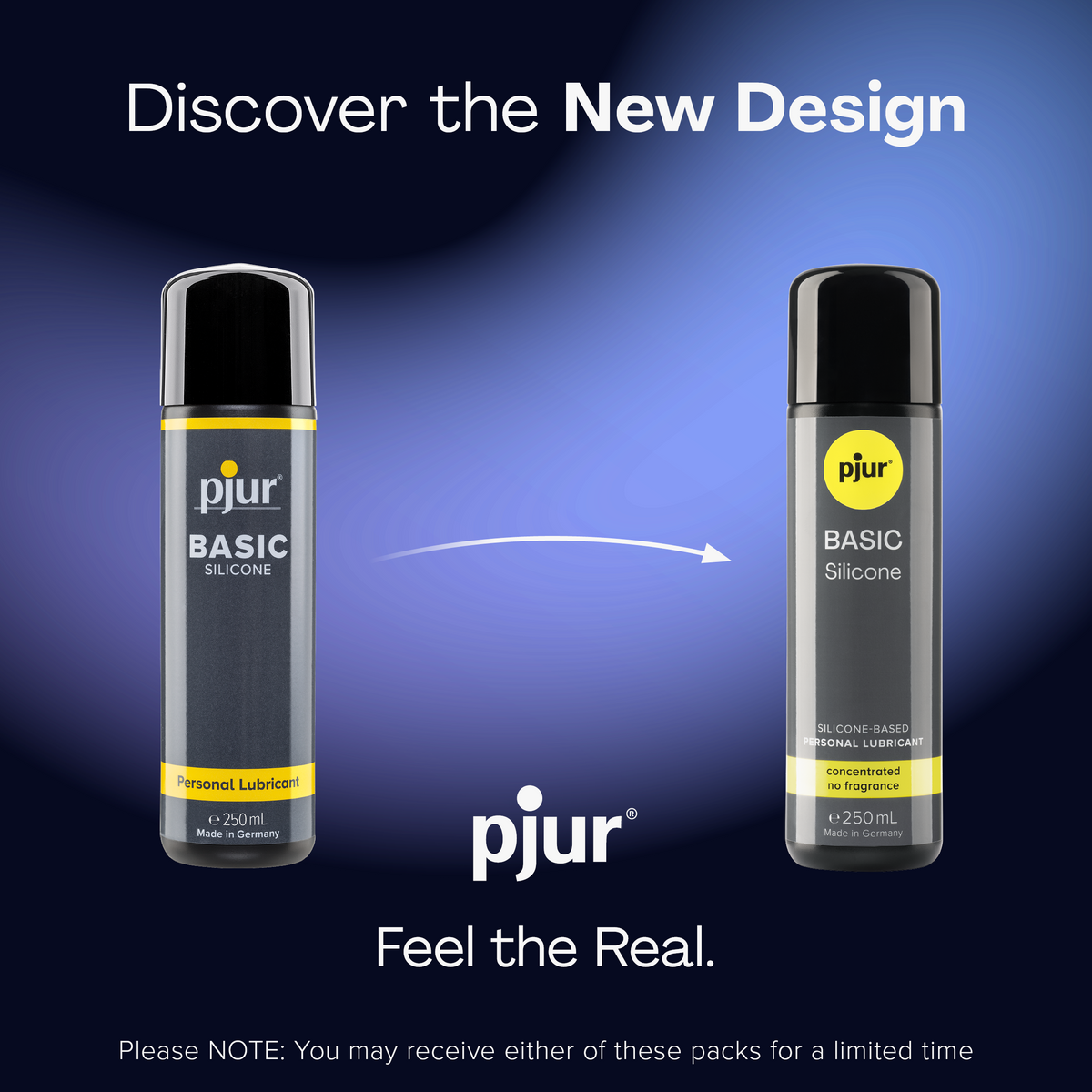 An advertisement shows the old and new packaging for Pjur Basic Silicone lubricant.