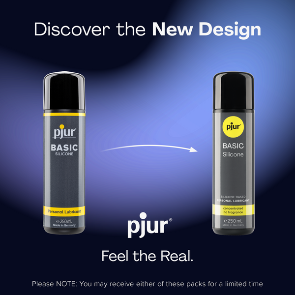 An advertisement shows the old and new packaging for Pjur Basic Silicone lubricant.