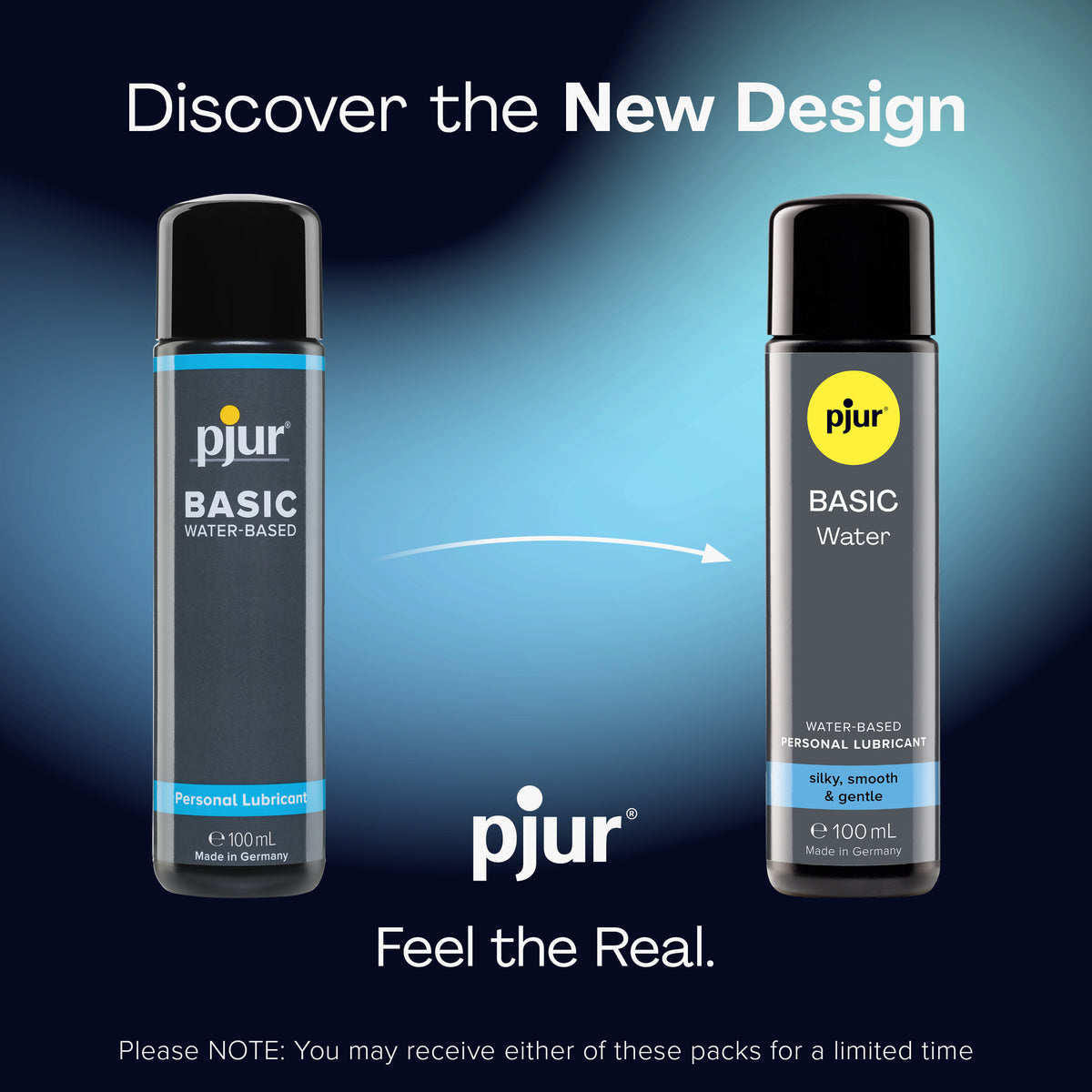 An ad compares the old and new packaging of Pjur Basic Water lubricant.
