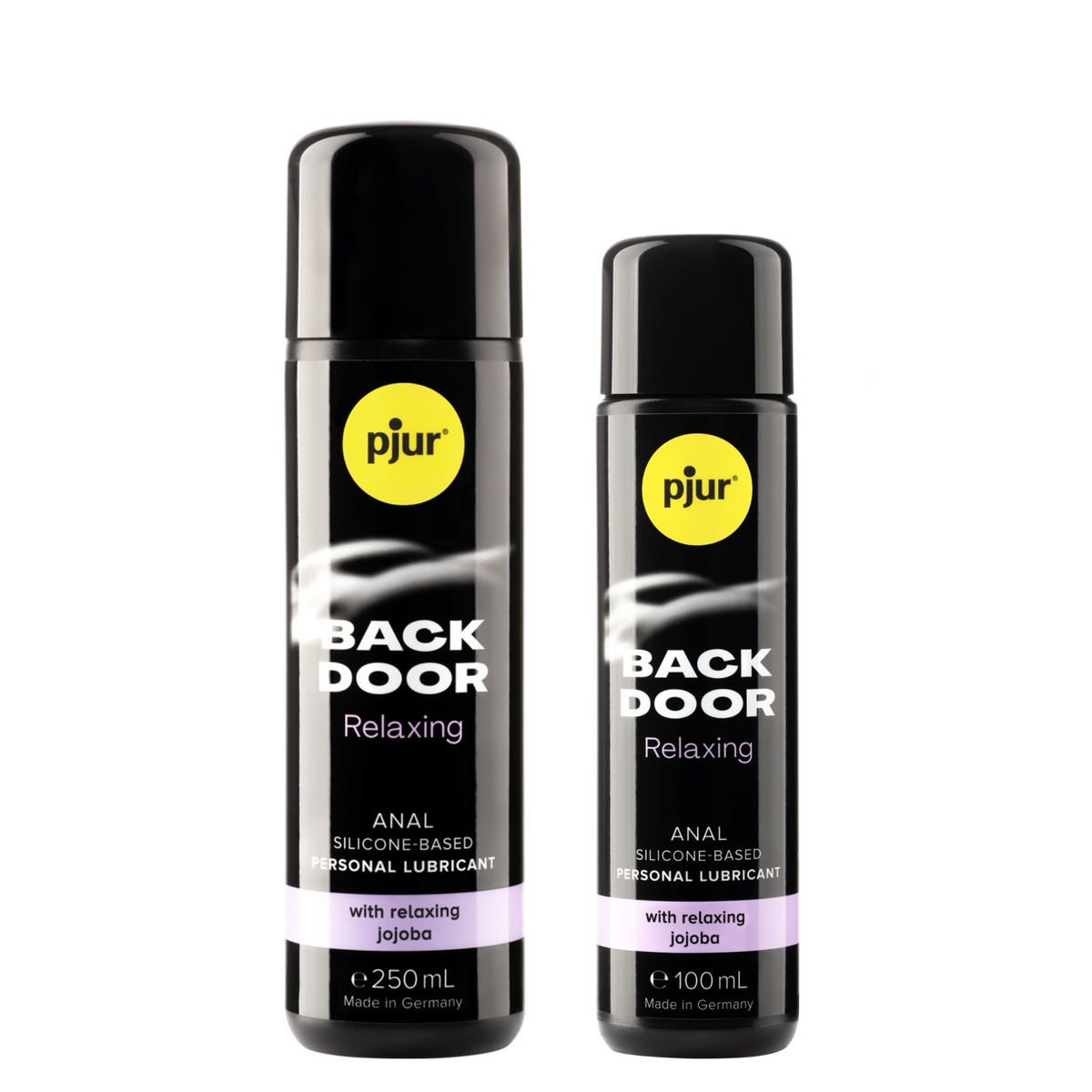 black bottles of Pjur Back Door Relaxing personal lubricant are lined up against a white background, decreasing in size from left to right. Each bottle has a yellow circular "pjur" logo at the top left. Below the logo, the words "BACK DOOR" are prominently displayed in white, with "Relaxing" written in a light purple banner underneath.  Main image