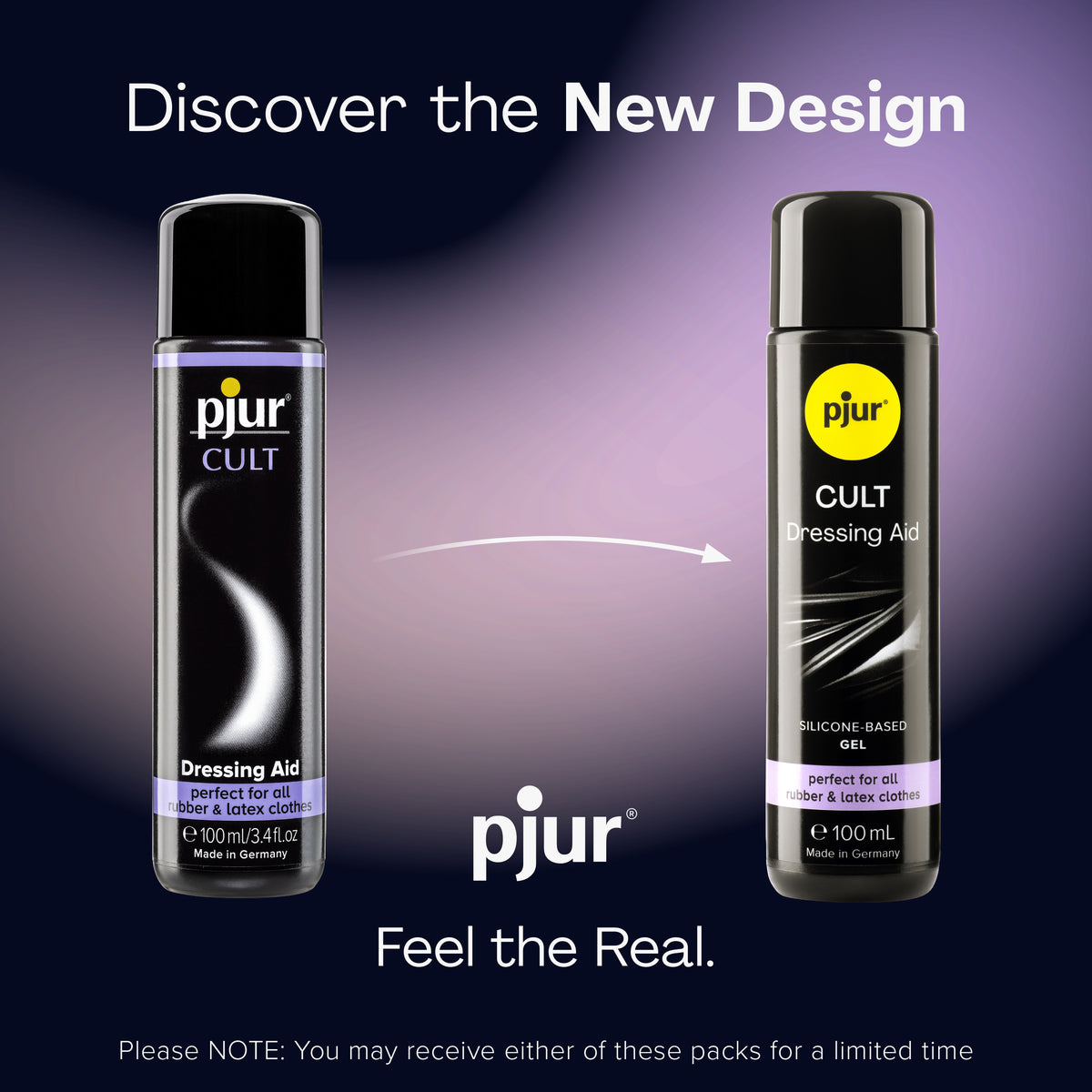 An ad displays the old and new packaging for Pjur Cult Dressing Aid.