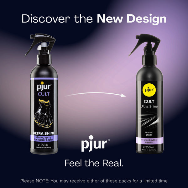 An ad compares the old and new packaging for Pjur Cult Ultra Shine spray.