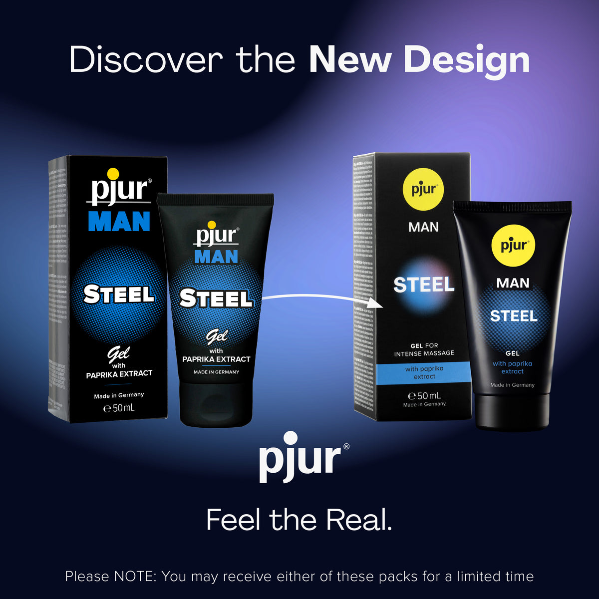 An ad displays the old and new packaging for Pjur Man Steel gel.