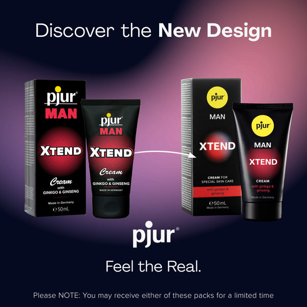 An ad displays the old and new packaging for Pjur Man Xtend gel.