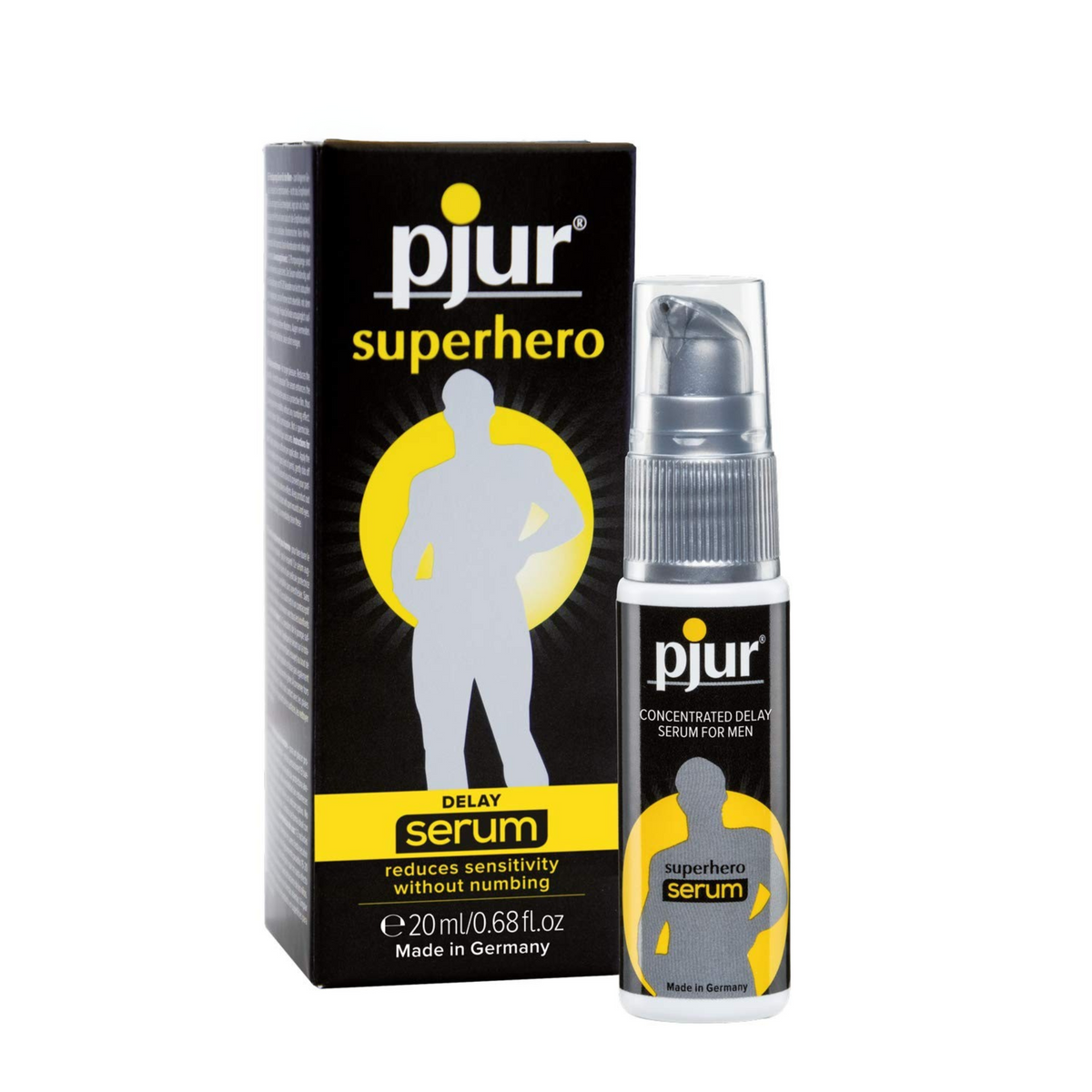 A black box and clear pump bottle of Pjur Superhero Delay Serum are shown against a white background. Main image