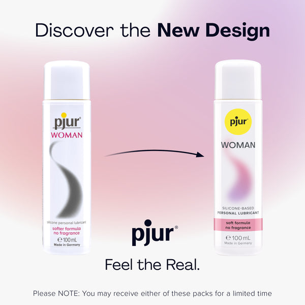 Two Pjur Woman lubricant bottles showing a design evolution.