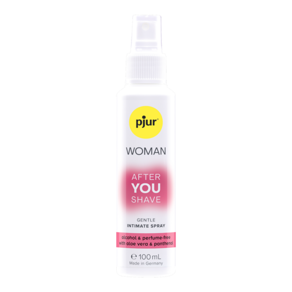 A white bottle of Pjur Woman After you shave spray with a yellow logo. Main image