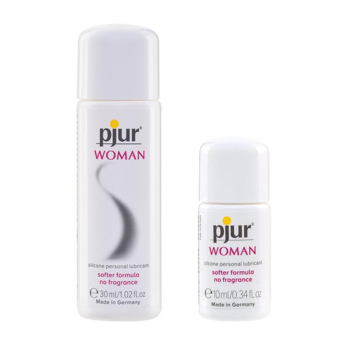 Two white bottles of Pjur Woman silicone personal lubricant, one 30ml and one 10ml, with 'softer formula no fragrance' and 'Made in Germany' visible. Main image