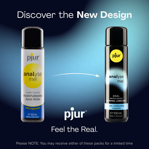 Two bottles of pjur analyse me! anal lubricant are shown side-by-side, illustrating a design change with an arrow pointing from the older, lighter-colored bottle on the left to the newer, darker bottle on the right. 