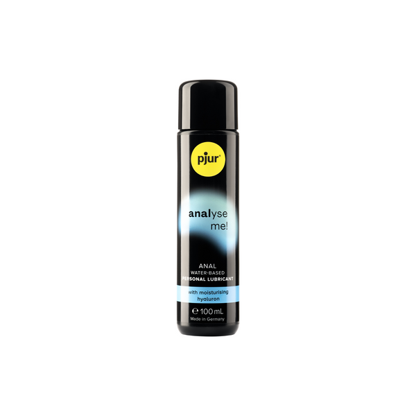 A black bottle of pjur analyse me! anal water-based personal lubricant 100ml with a yellow logo and teal accents on a white background.