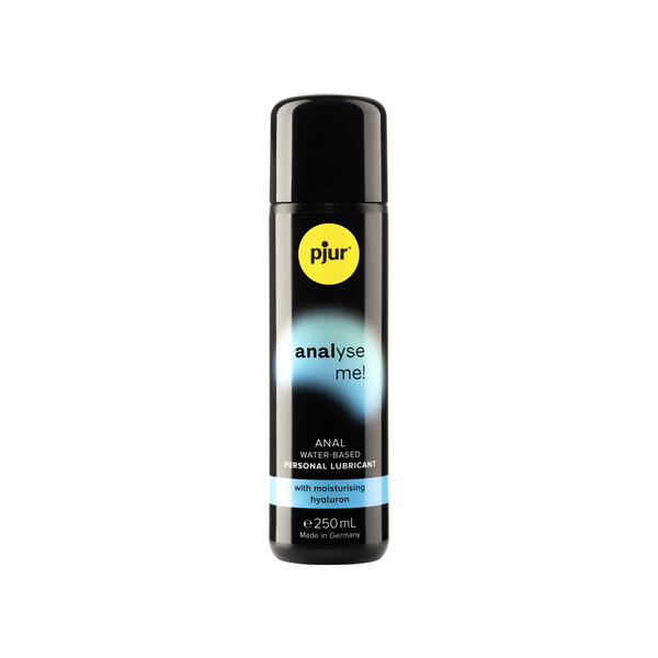 A black bottle of pjur analyse me! anal water-based personal lubricant 250ml with a yellow logo and teal accents on a white background.