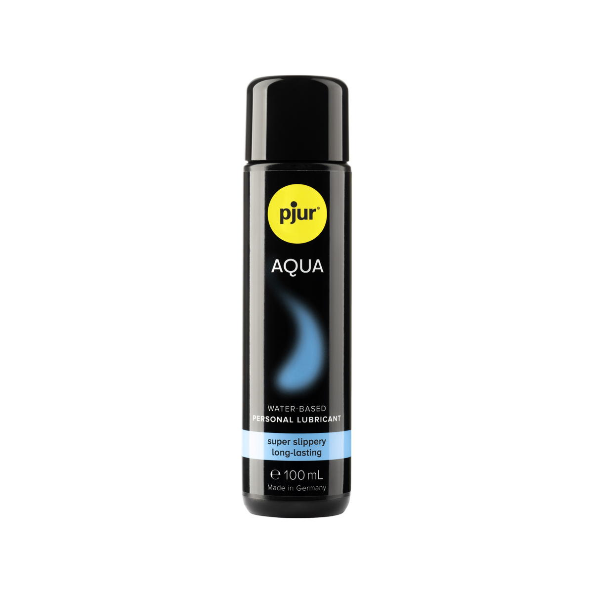 A single, small black bottle of Pjur Aqua 100ml water-based personal lubricant is centered against a white background. 