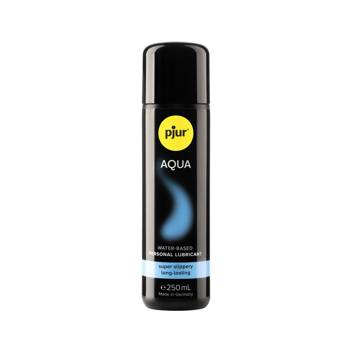 A single, small black bottle of Pjur Aqua 250ml water-based personal lubricant is centered against a white background. 