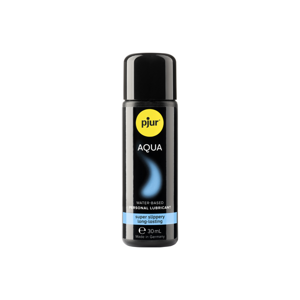 A single, small black bottle of Pjur Aqua 30ml water-based personal lubricant is centered against a white background. 