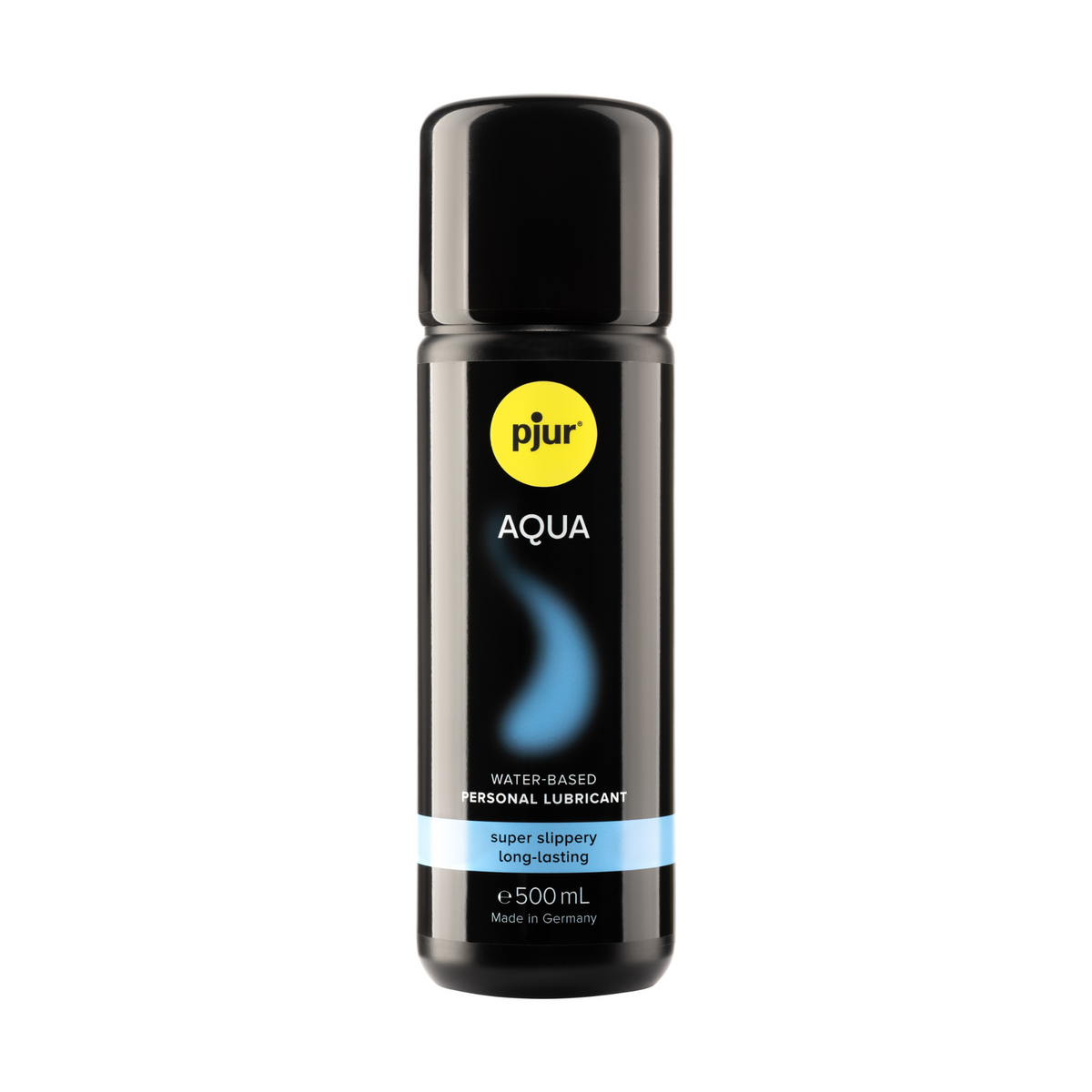 A single, small black bottle of Pjur Aqua 500ml water-based personal lubricant is centered against a white background. 