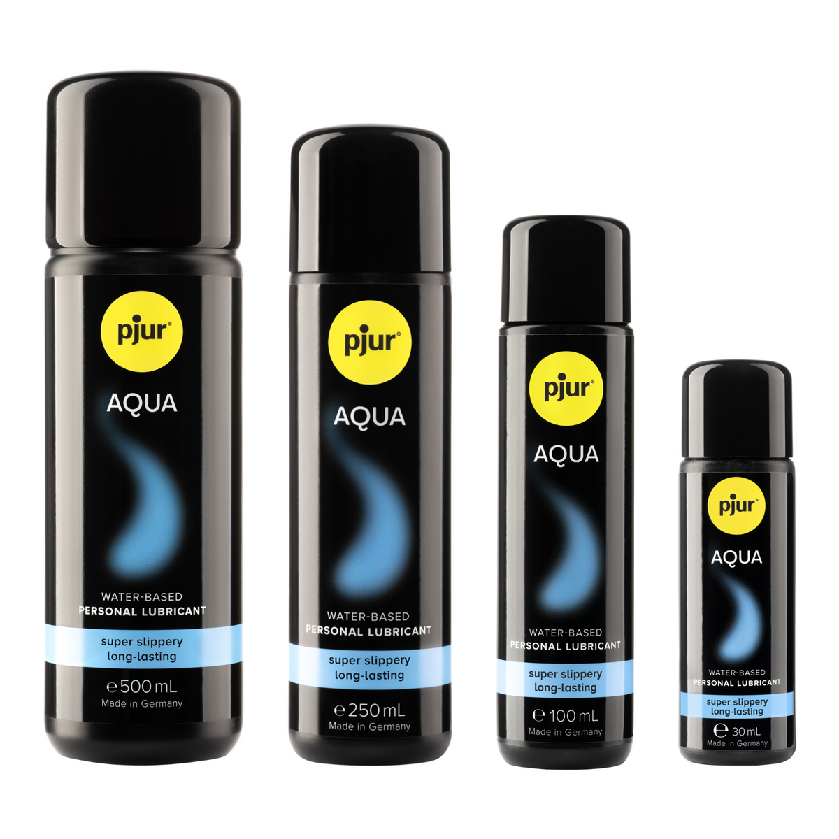 A lineup of four black bottles of Pjur Aqua water-based personal lubricant in varying sizes (500ml, 250ml, 100ml, and 30ml) against a white background.  Main image