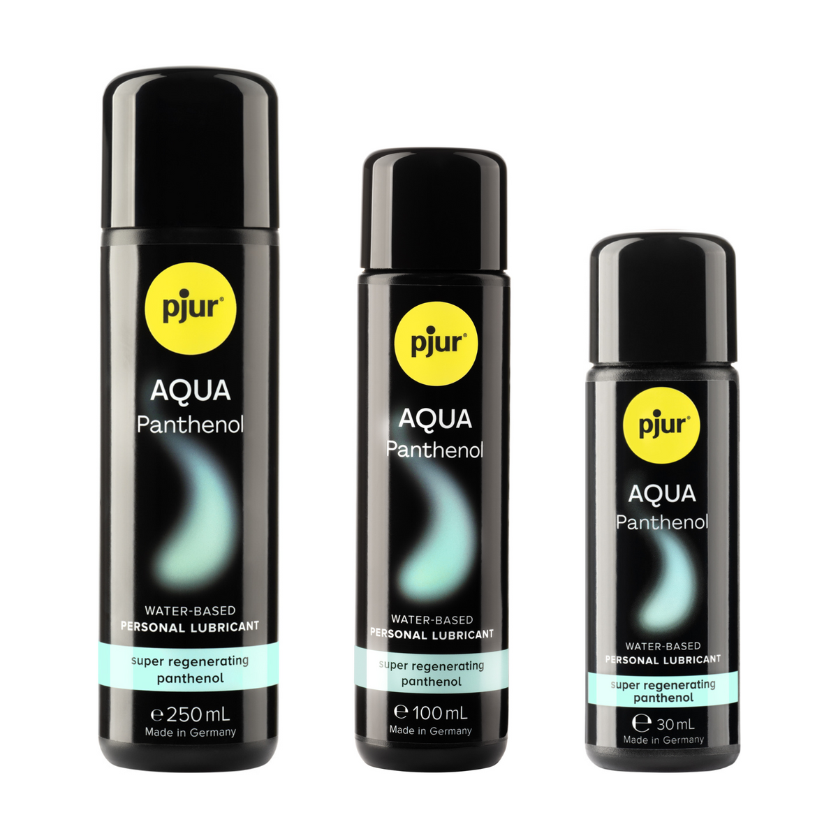 Three black bottles of pjur AQUA Panthenol water-based personal lubricant are arranged in descending order of size against a white background.  Main image