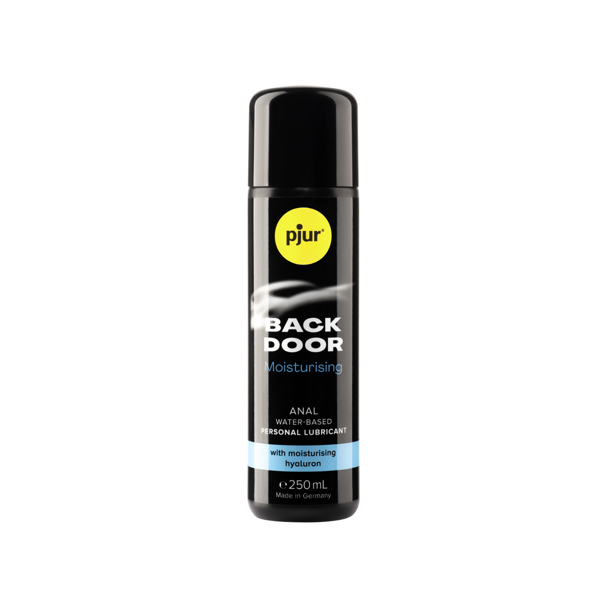 A small black bottle of pjur BACK DOOR Moisturising anal water-based personal lubricant 250ml with a yellow logo and light blue accents on a white background.