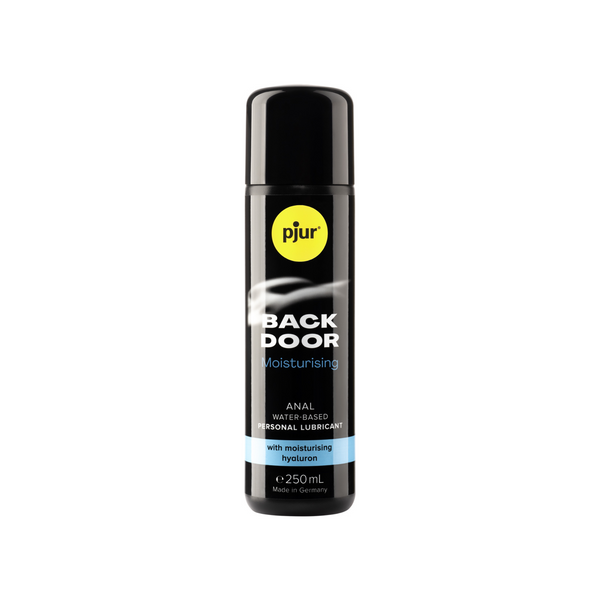 A small black bottle of pjur BACK DOOR Moisturising anal water-based personal lubricant 250ml with a yellow logo and light blue accents on a white background.