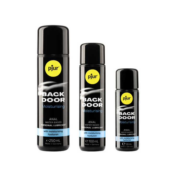 Three black bottles of pjur BACK DOOR Moisturising anal water-based personal lubricant in different sizes (250ml, 100ml, and 30ml) are arranged in a row from largest to smallest against a white background. Each bottle has a yellow pjur logo and teal accents.