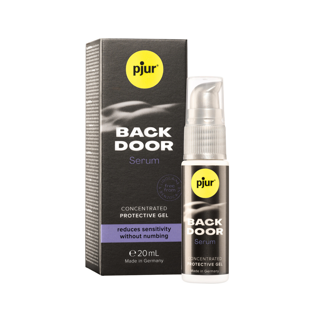 A gray box and a clear pump bottle of Pjur Back Door Serum are shown against a white background. The box stands upright on the left, featuring the yellow "pjur" logo, "BACK DOOR Serum," "CONCENTRATED PROTECTIVE GEL," and "reduces sensitivity without numbing" in purple. The clear bottle with a silver and black pump echoes the box's design. Main image
