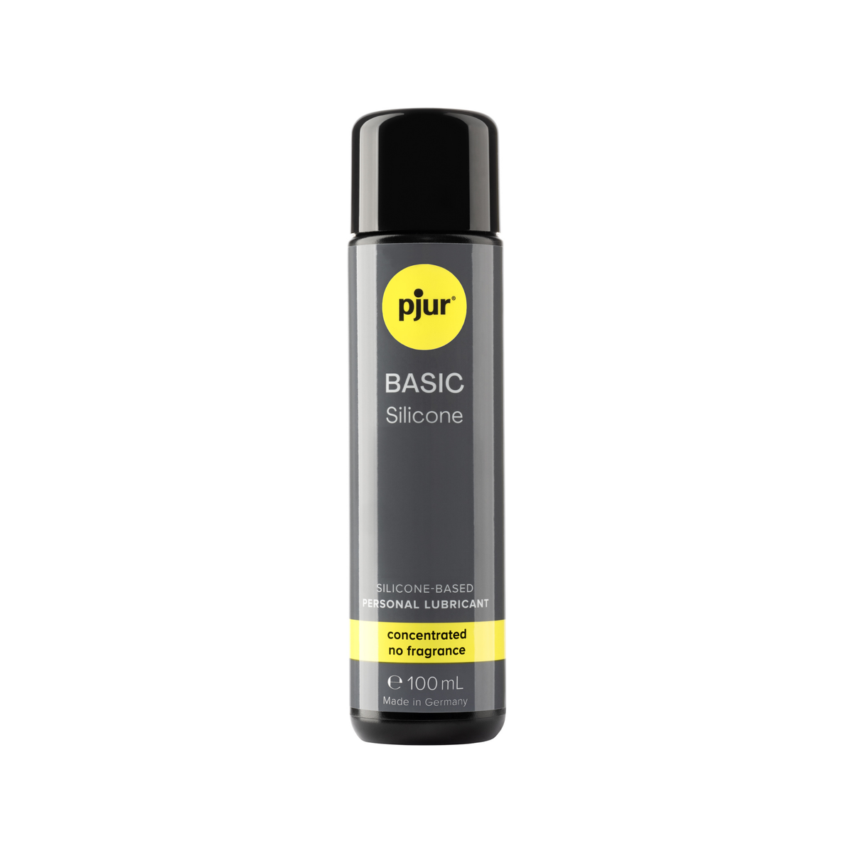 A gray bottle of Pjur Basic Silicone lubricant is isolated on a white background. Main image