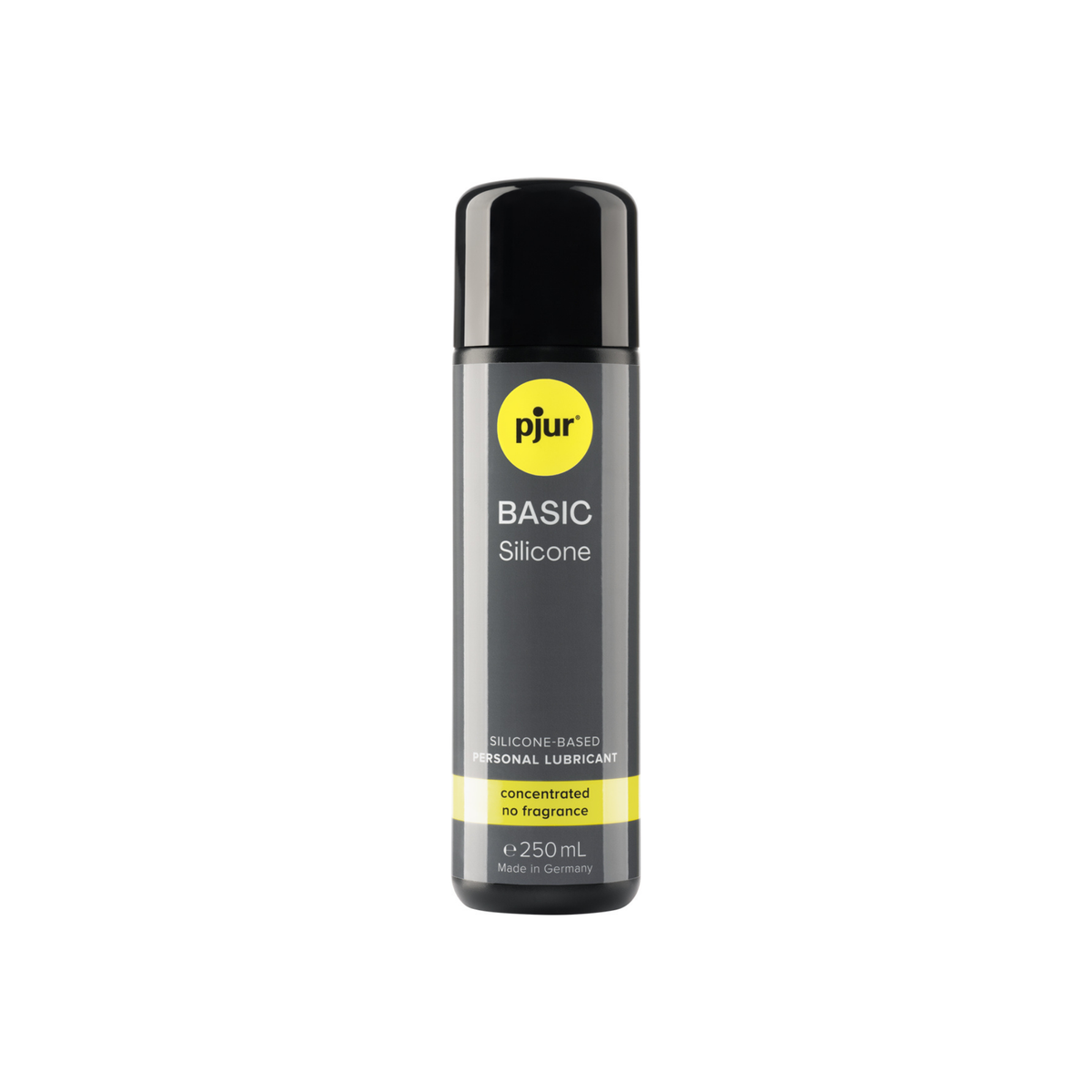 A gray bottle of Pjur Basic Silicone lubricant is isolated on a white background.