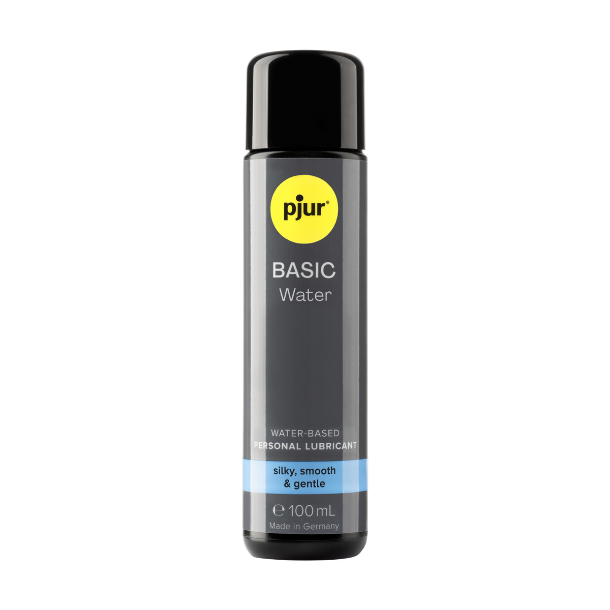 A gray bottle of Pjur Basic Water lubricant is displayed on a white background.