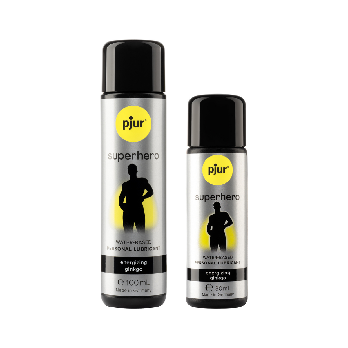 Two gray bottles of Pjur Superhero Energizing lubricant in different sizes are shown on a white background. Main image