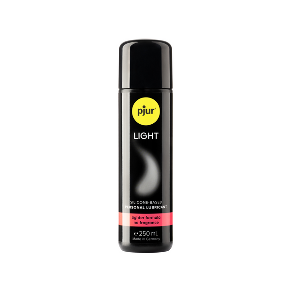A black bottle of Pjur Light silicone-based personal lubricant 250ml with a yellow logo and pink label indicating "lighter formula no fragrance".